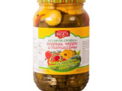 Uhorky/Cherry/Patiz&oacute;ny Mie&scaron;an&eacute; "Trojka" 0,87 kg. "Trad&iacute;cie Chuti"/ Огурцы/Черри/Патиссоны Ассорти "Тройка" 0,87 кг. "Традиции Вкуса"